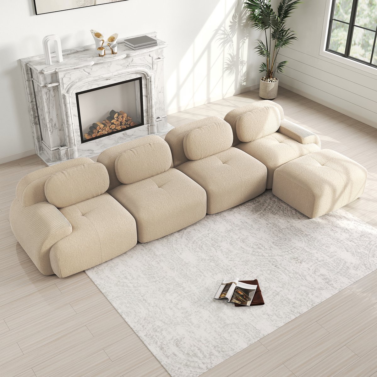 FloraGrace Hoekbank 4 Zits - Modulair Met Chaise Longue En Verstelbare Rugleuning - Antislip Onderzijde Voor Woonkamer Kantoor - Corduroy - Beige