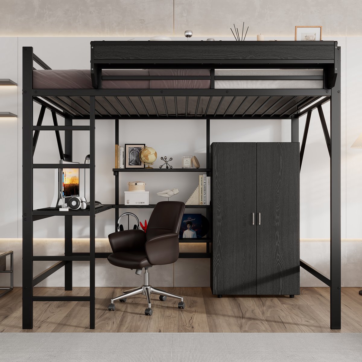 Clruro Hoogslaper - 140x200 - Met Bureau En Opbergruimte - Inclusief Kledingkast - Metaal MDF - Zwart