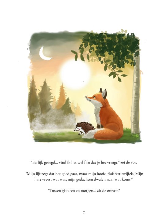 Illustratie: Een vos en een egel zitten samen in een bos bij zonsondergang. Zonsondergang met maan en bomen op de achtergrond.