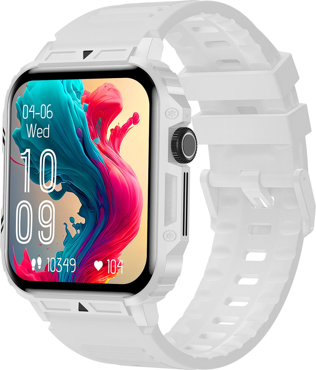 Knobbout 1.95” Smartwatch – Bluetooth Bellen - Hartslag - Bloeddruk & SpO₂-meting - AI Spraakassistent- Bluetooth 5.2 - 340mAh batterij - Wit