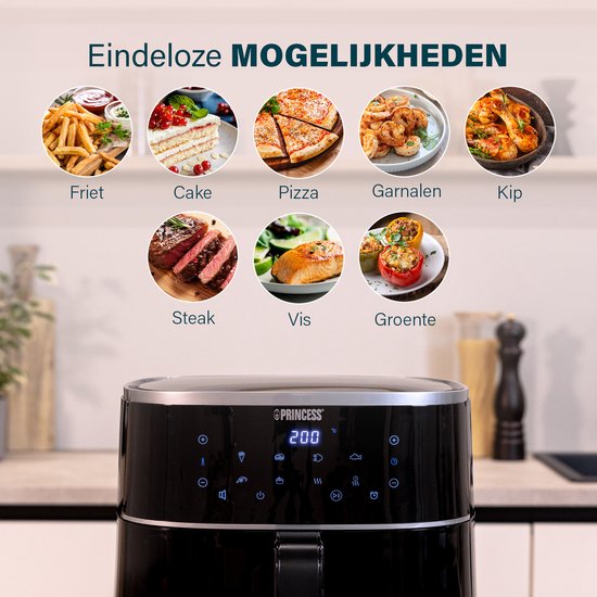 Princess Digitale Airfryer XL 182244 - 6 liter - Groot - PFAS vrij - Heteluchtfriteuse - Zwart - Digital Touchscreen - 8 Automatische Programma's - Inclusief in hoogte verstelbaar Grillrack