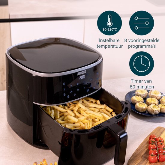 Princess Digitale Airfryer XL 182244 - 6 liter - Groot - PFAS vrij - Heteluchtfriteuse - Zwart - Digital Touchscreen - 8 Automatische Programma's - Inclusief in hoogte verstelbaar Grillrack