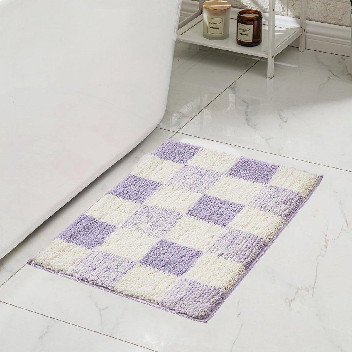 Pluizige Badmat Ruit Antislip voor Badkamer en Douche - Wasbaar en Zacht - 61x40 cm
