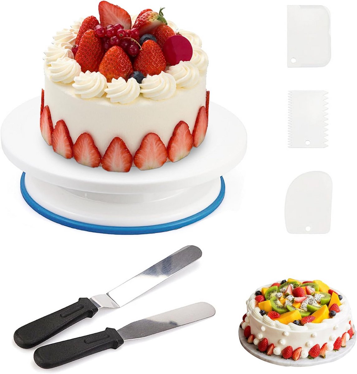 6-delige draaibare taartplateau set 28cm met decoratiegereedschap