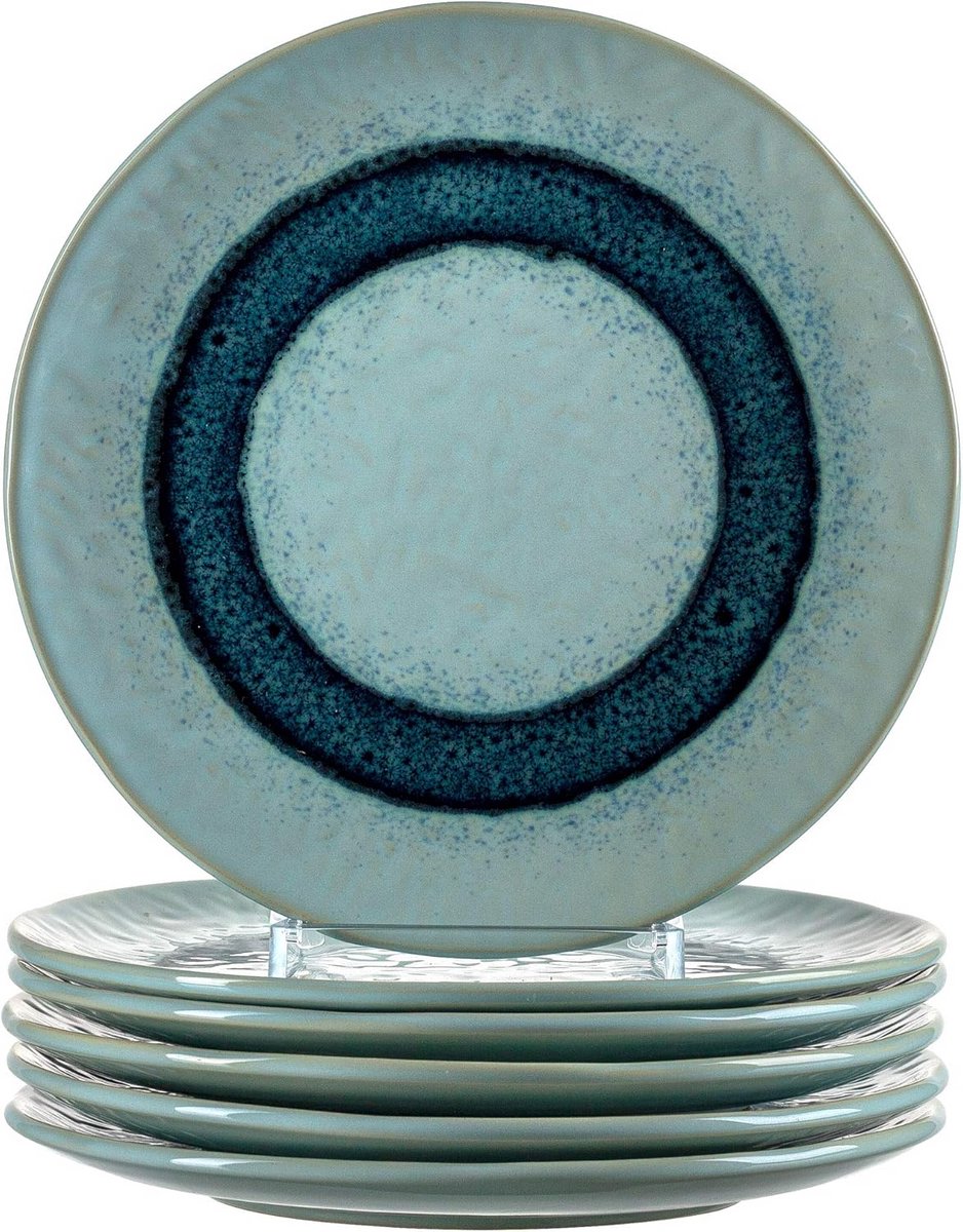 Set van 6 Keramische Borden - Handgemaakt Rustiek Design - Blauw Servies