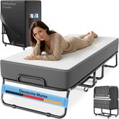 Vrouw liggend op een opklapbed met matras, inclusief zwarte hoes. "Deutsche Marke" is een tekst in beeld.