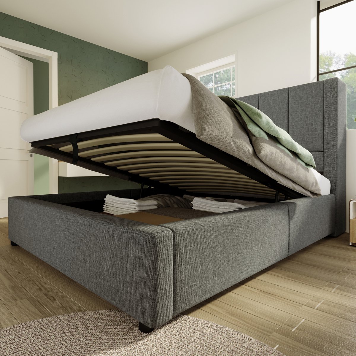 Wishdor Gestoffeerd Bed 90x200 cm – Hydraulische Opbergruimte – Hoofdbord met Bekerhouder en USB-C – Linnen – Grijs
