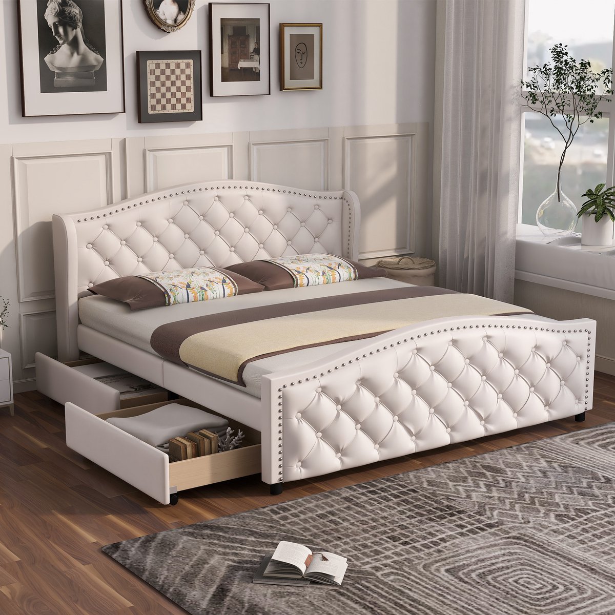 Wishdor – Gestoffeerd Bed 140x200 cm – Chesterfield Stijl met 2 Lades – Hoog Geknoopt Hoofdbord – Luxe & Praktisch – PU – Wit