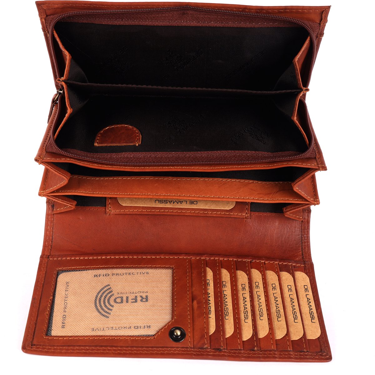 DE LAMASSU® (Orla) damesportemonnee van echt leer – RFID-bescherming, 22 kaartvakken, muntvak, biljetvak, SIM-kaartvak, vintage design, geschenkverpakking – 19 × 9,5 cm