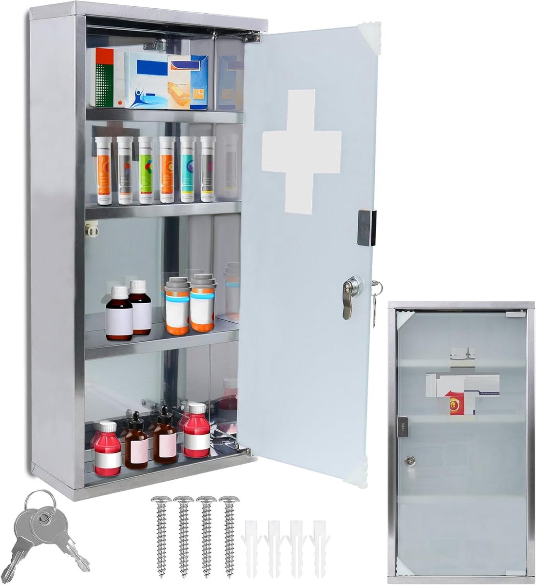 30x12x57.5cm Rvs Medische Kasten | 4 Vakken Sluitbare Apothekerskast | Inkl. Glazen Deur E