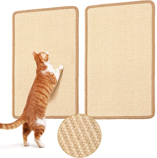 Set van twee - Krabmat voor katten - 60 * 30 cm - Krabplank van natuurlijk sisal - Geschikt voor binnenkatten - Kan horizontaal worden geplaatst als krabplank aan de muur of als vloermat - Inclusief plakband - Beschermt meubels.