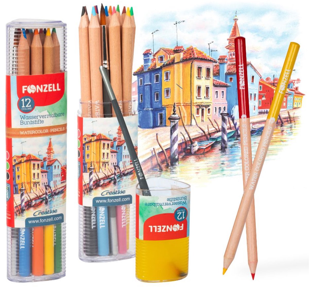 Fonzell Aquarelpotloden - Kleurpotloden - Aquarel - incl pencil - 12 Kleuren