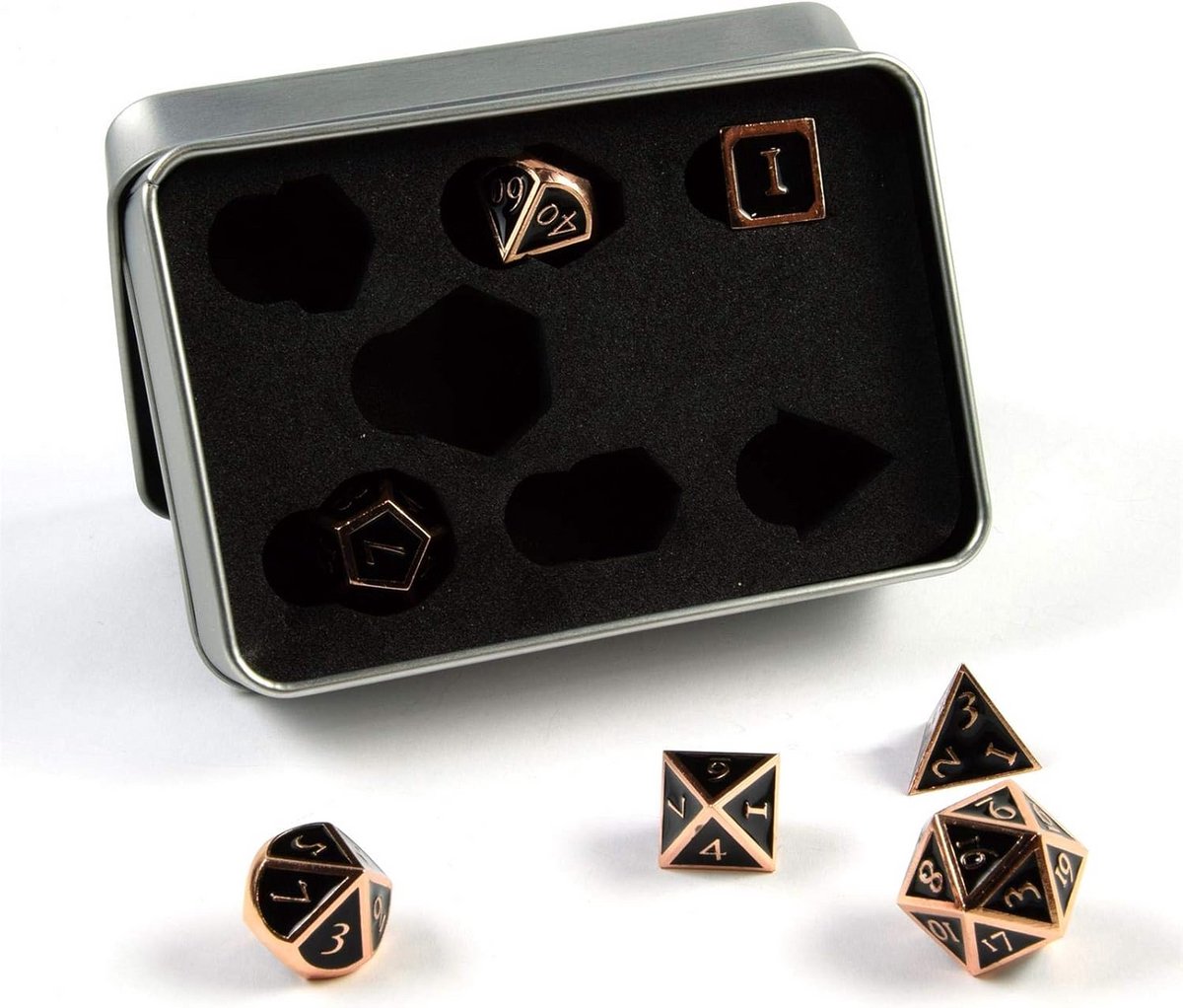 Set van 7 Metalen Polyhedrale Dobbelstenen in Steampunk Koper Zwart Look voor RPG en Bordspellen