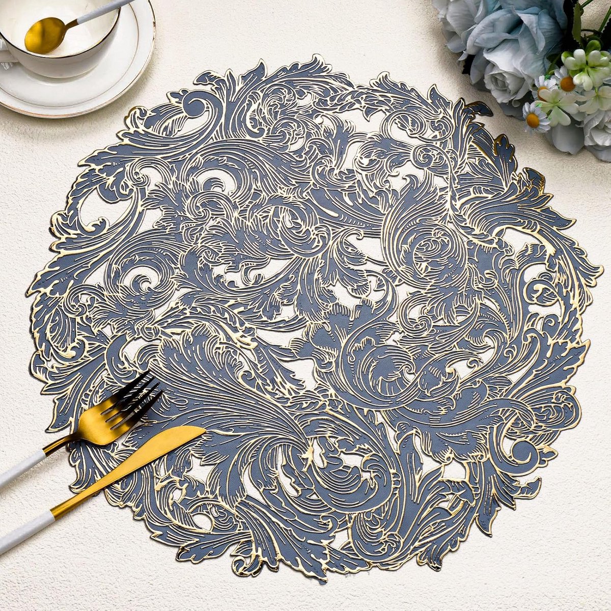 Set van 6 Ronde Placemats 15 Inch - Goud en Blauw - Tafelmatten Vinyl Herbruikbaar