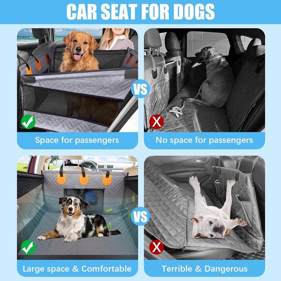 Vergelijking van honden autostoelen: met ruimte voor passagiers en grote comfortabele ruimte versus geen ruimte en gevaarlijk.