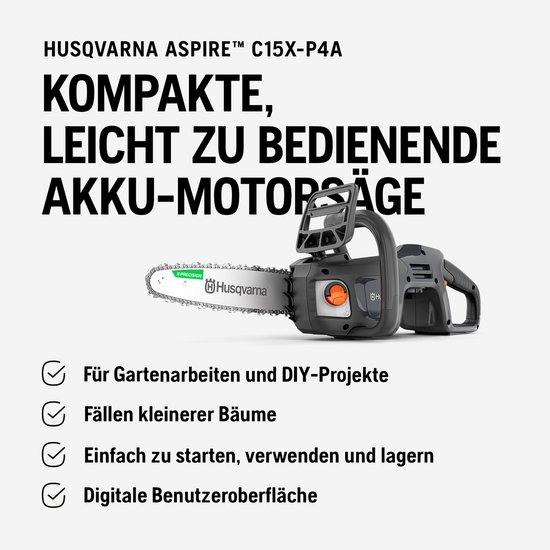 Tronçonneuse sans fil Husqvarna Aspire C15X-P4A, alimentée par batterie, lithium-ion, 18 V, vitesse de coupe élevée (avec batterie et chargeur)