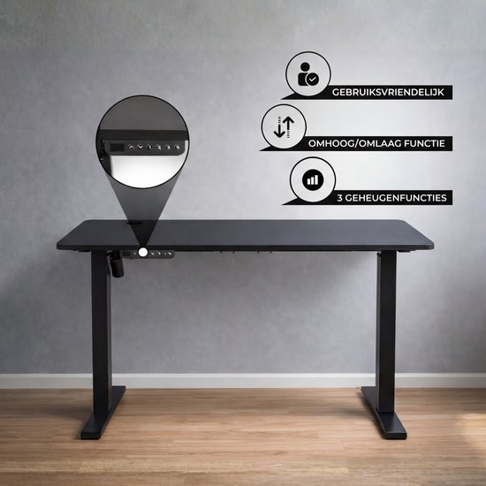 Zwart bureau met bedieningspaneel, 'Gebruiksvriendelijk', 'Omhoog/omlaag functie', '3 geheugenfuncties'.