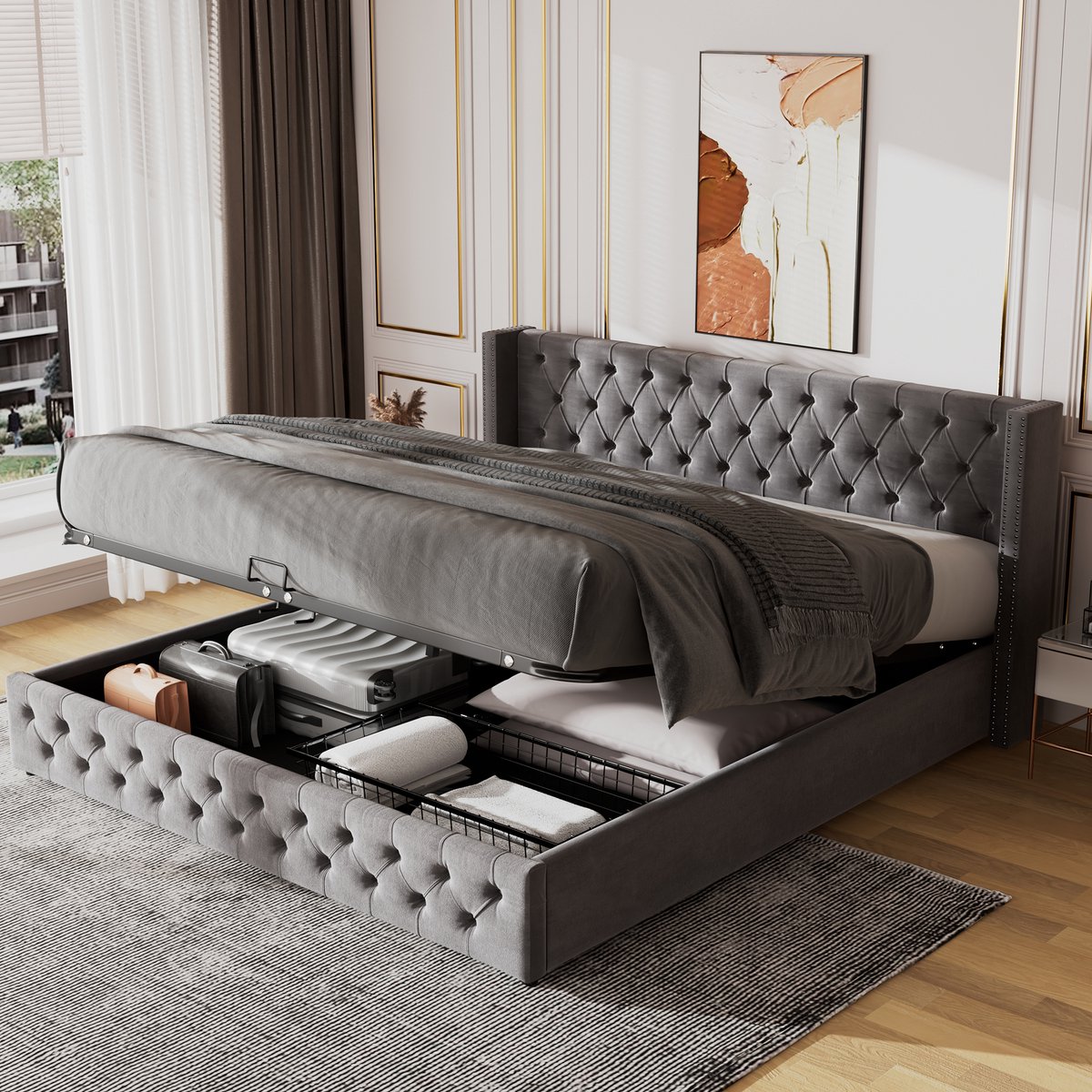 Wishdor – Gestoffeerd Bed 180x200 cm – Chesterfield Stijl met Hydraulische Lift – Geknoopt Hoofd- en Voetbord – Luxe Opberger – Fluweel – Grijs