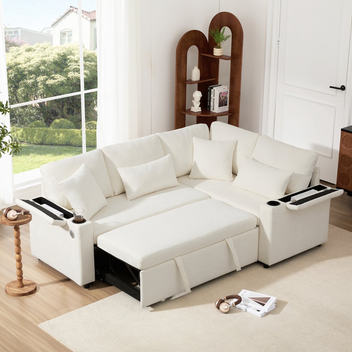 OKWISH Hoekbank 206,5 X 141 Cm - Uitschuifbaar Met Opbergruimte, Bekerhouder En Oplaadpoort - Chenille - Beige