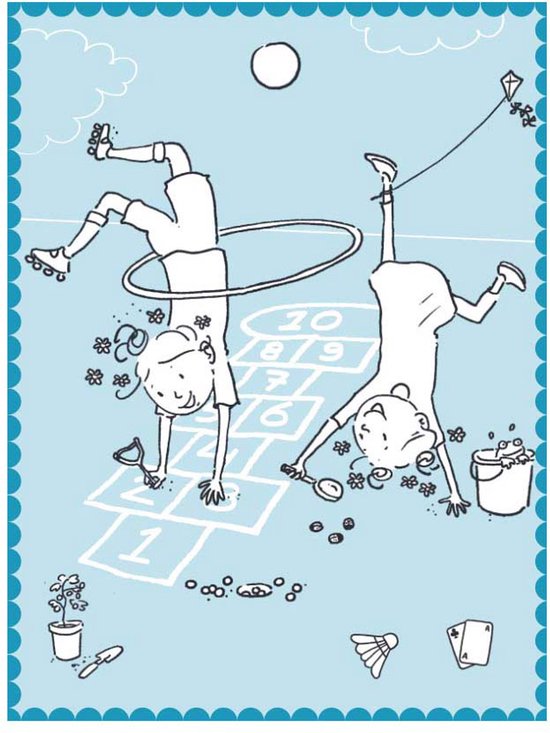 Twee meisjes spelen jeu de boules, een met een hoelahoep, de ander staat op handen. Een vlieger vliegt in de lucht.