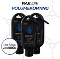 Drie zwarte flessen vloeibare magnesium, 'Liquid Chalk' 50ML, met blauwe handafdruk, per flesje van 50ML.