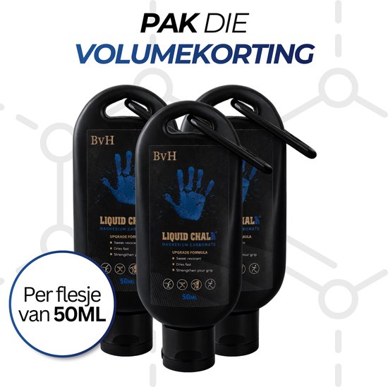 Drie zwarte flessen vloeibare magnesium, 'Liquid Chalk' 50ML, met blauwe handafdruk, per flesje van 50ML.