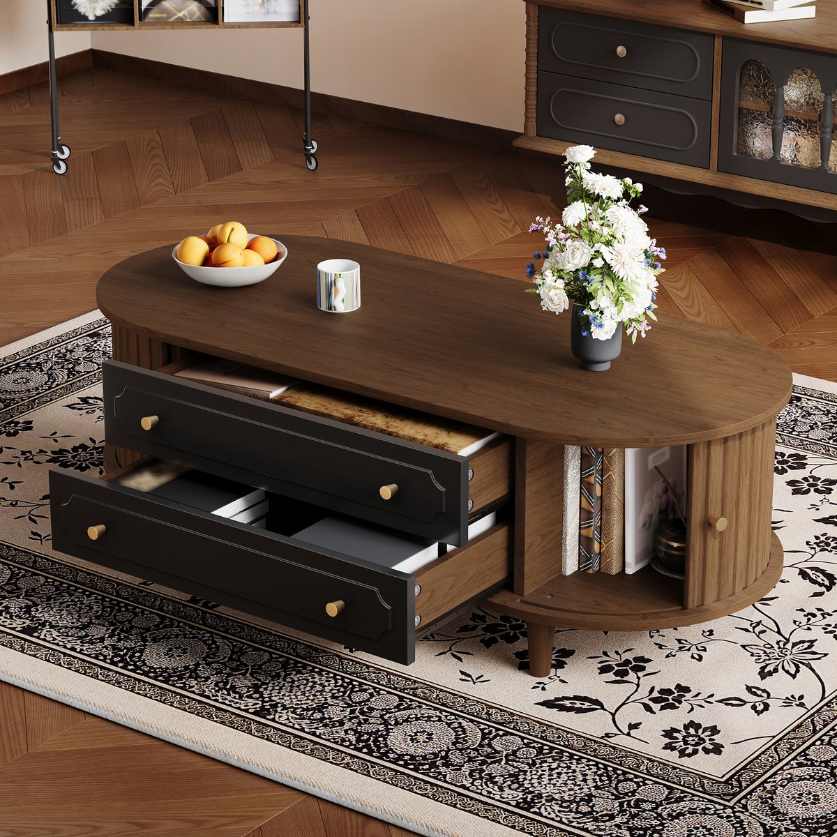 Salontafel - 100x50x36 cm - Met 2 Lades En Rolluikdeur - MDF - Walnoot Zwart