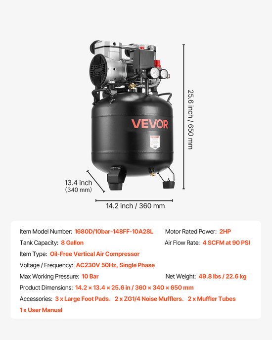 VEVOR 30l Luchtcompressor, 2 Pk Luchtcompressor, 113 L/Min Bij 6,2 Bar, Max. 10 Bar Druk, Olievrije Compressortank voor Autoreparaties, Banden Oppompen, Schilderen, Houtbewerking en Spijkeren van Merkloos — afbeelding 3
