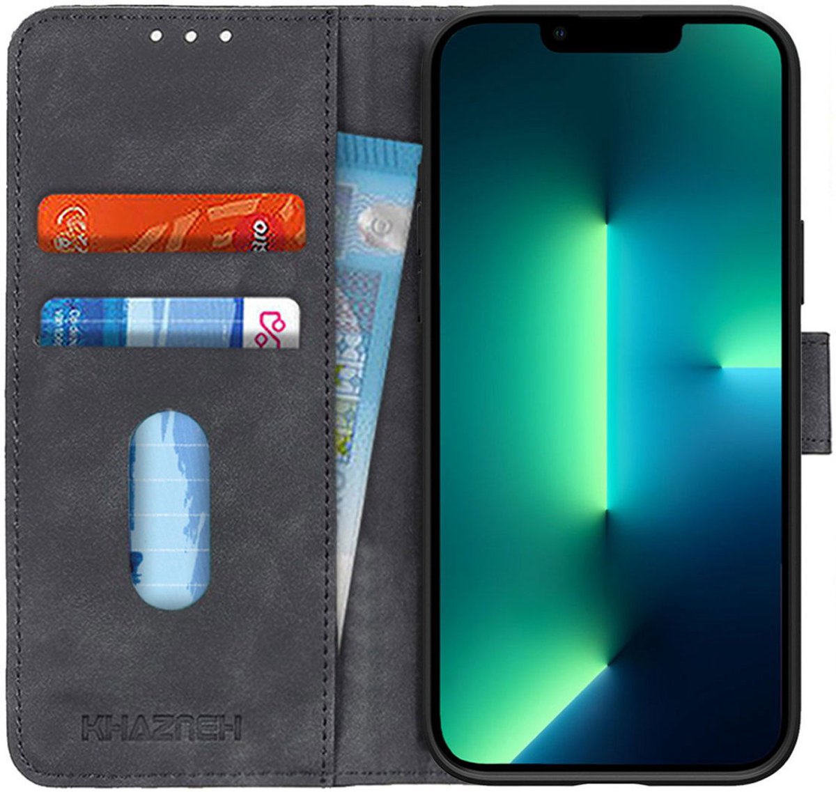 Retro Wallet Book Case Zwart Hoesje Geschikt voor Apple iPhone 13 Pro Max