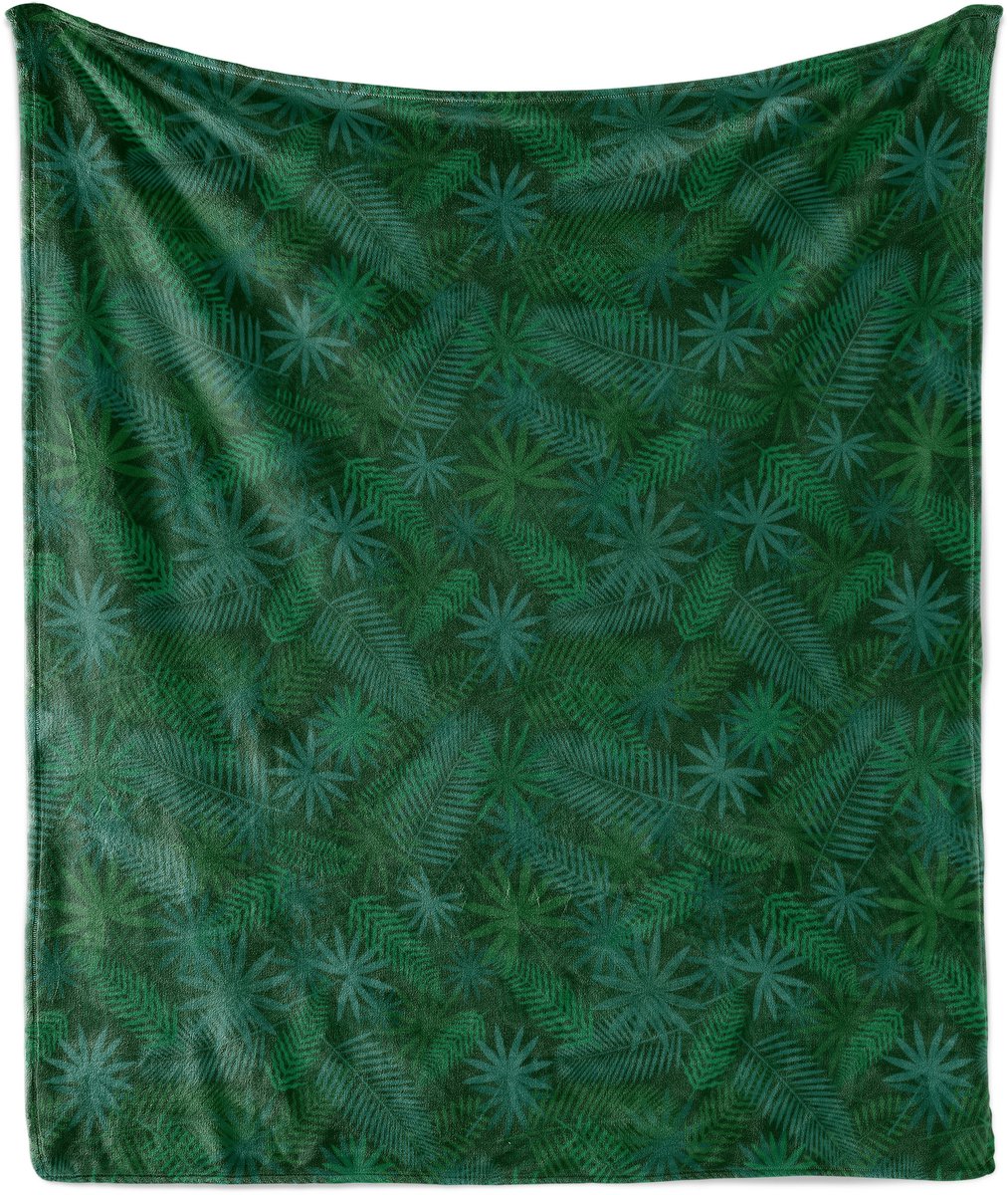 ABAKUHAUS Zachte flanellen fleece deken met bladerenmotief, herfstbladeren in palmvorm, knusse pluche plaid, 175 x 230 cm, smaragdgroen en veelkleurig