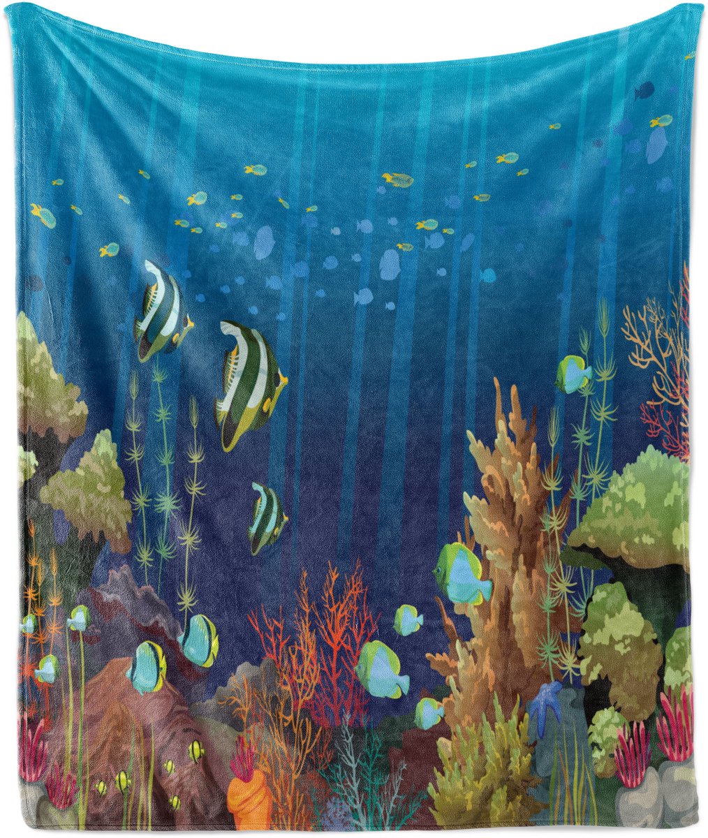 ABAKUHAUS Zachte flanellen fleece deken met onderwaterprint, koraalrifvissen, knusse pluche plaid, 175 x 230 cm, aquagroen