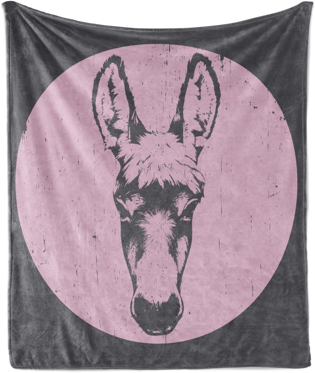 ABAKUHAUS Zachte flanellen fleece deken met ezelprint, grunge-look dierenportret, knusse pluche plaid, 175 x 230 cm, babyroze grijs