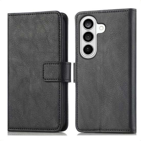 Zwarte luxe bookcase telefoonhoes met magnetische sluiting, opengeklapt om de cameraplaats te tonen.