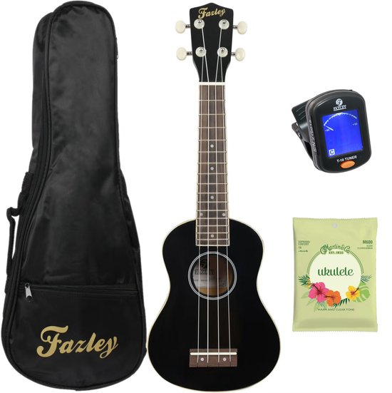 Een complete Fazley ukelele set, inclusief een zwarte ukelele, tas, stemapparaat en snaren.