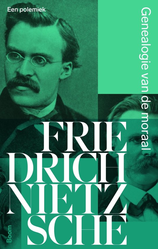 Livre 'Genealogie van de moraal' avec portrait de Friedrich Nietzsche. Texte : Une polémique.