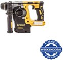 Gele en zwarte DeWalt accuhamer met XR-aanduiding, zonder batterij. Blauwe "ACTIE WEEKENDDEAL" sticker.