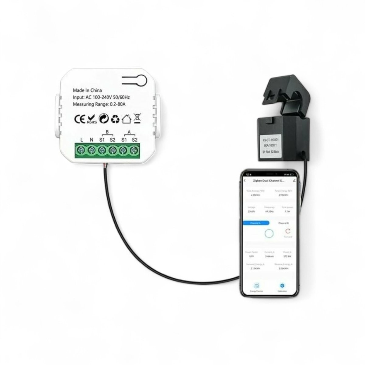 Smart Energie Monitor | Energie monitoring | Wifi | App bediening | 1 klem installatie | 80A | Tuya | Wit