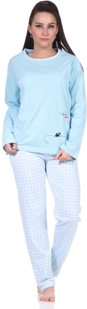 Normann Damespyjama met lange mouwen en schattig katmotief en geruite jersey broek hellblau