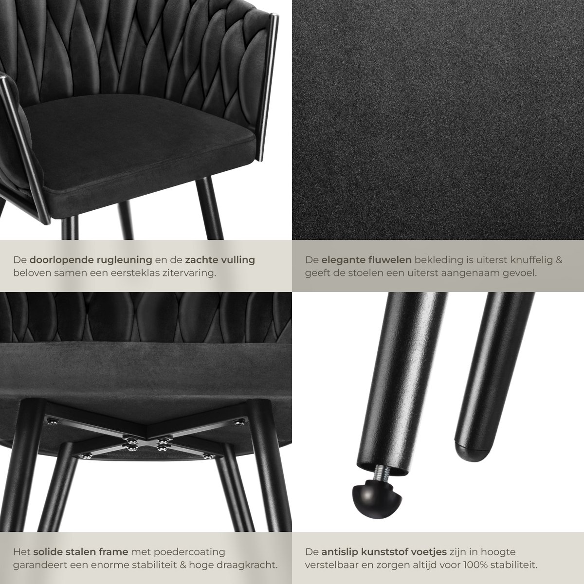 tectake® Set van 4 Fluwelen eetkamerstoelen - Kuipstoel met armleuning in knooplook - Eetkamerstoel - Moderne stoel voor woonkamer en eetkamer - Keukenstoel - Kaptafelstoel - Slaapkamerstoel - Diverse kleuren - Zwart – foto 3