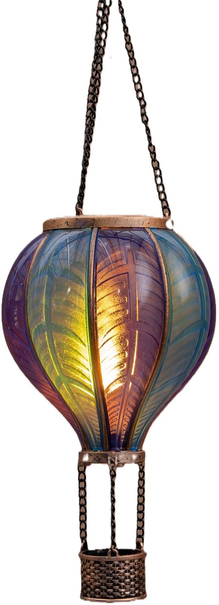Anna's Collection Solar luchtballon lantaarn - blauw - hangend - 20 led lampjes - vlam effect - 14 x 45 cm - zonne-energie - tuinverlichting