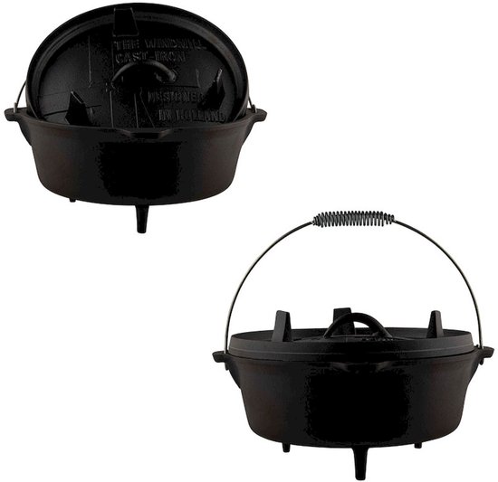 Collage van twee gietijzeren Dutch ovens, één met deksel erop, één met deksel ernaast.