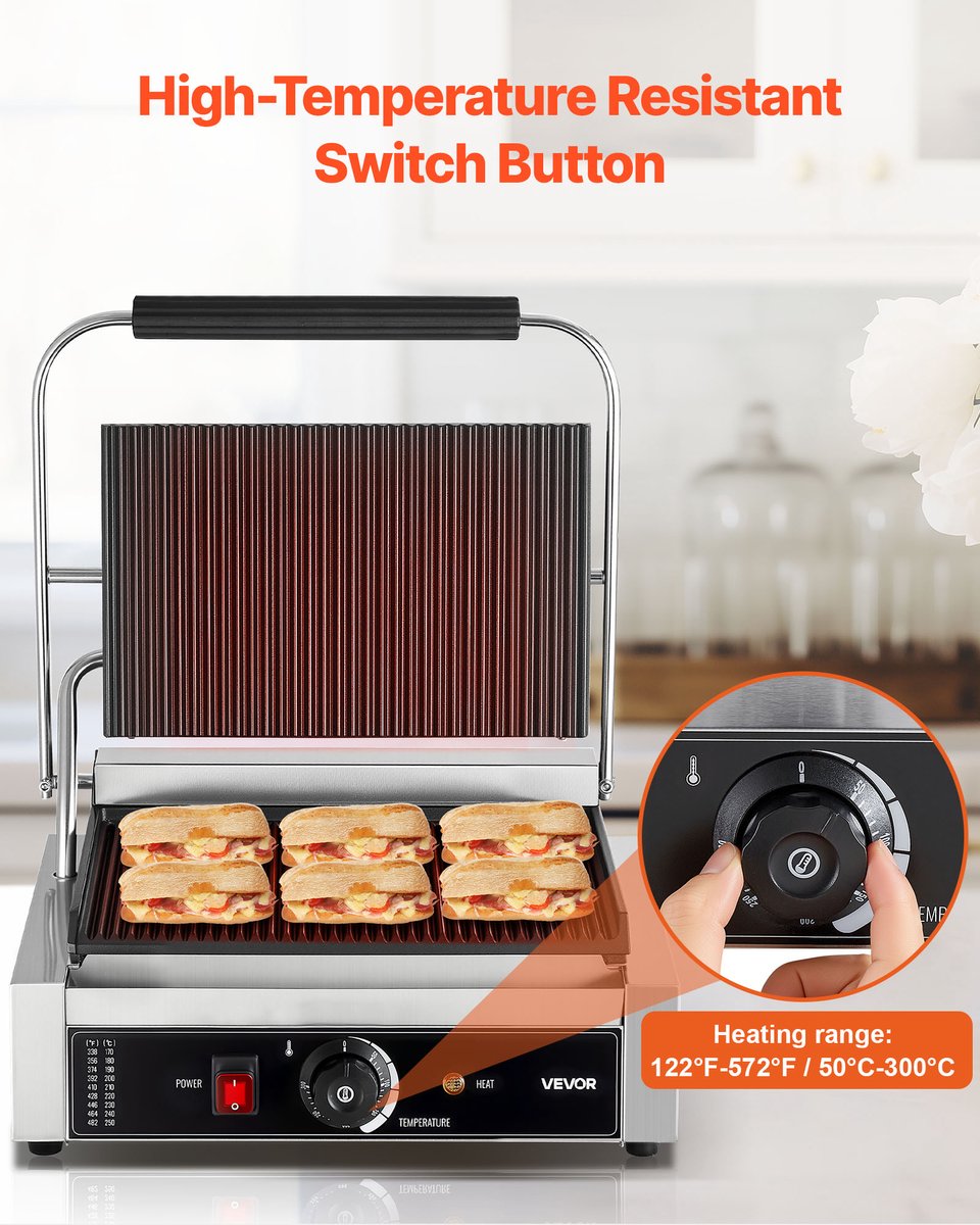VEVOR Commerciële Panini Grill Sandwich Maker Grillplaat 34x23cm Panini Maker thumbnail 4