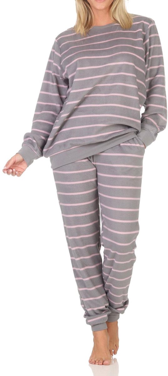 Normann fleece damespyjama met lange mouwen en manchetten in coole look grau