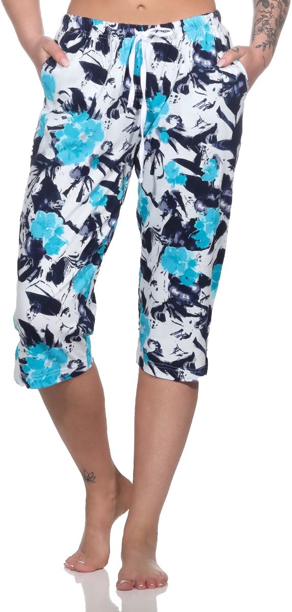 Normann Dames Capri pyjamabroek ¾ lengte - Mix & Match in bloemenlook - ideaal om te combineren hellblau