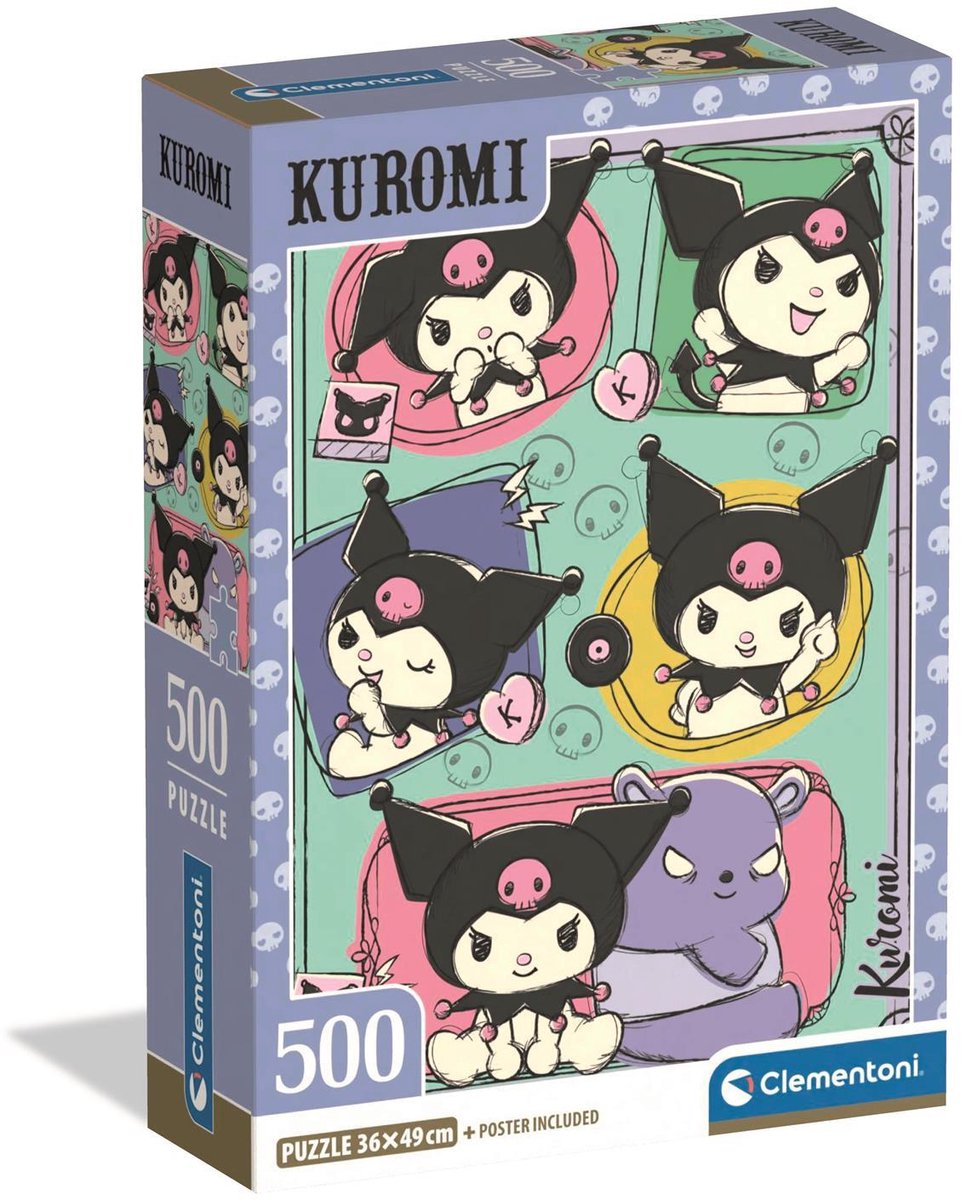Clementoni Kuromi Puzzel 500 Stukjes - Sanrio Kinderpuzzel - Compact Box - Kawaii Legpuzzel voor Meisjes vanaf 10 Jaar