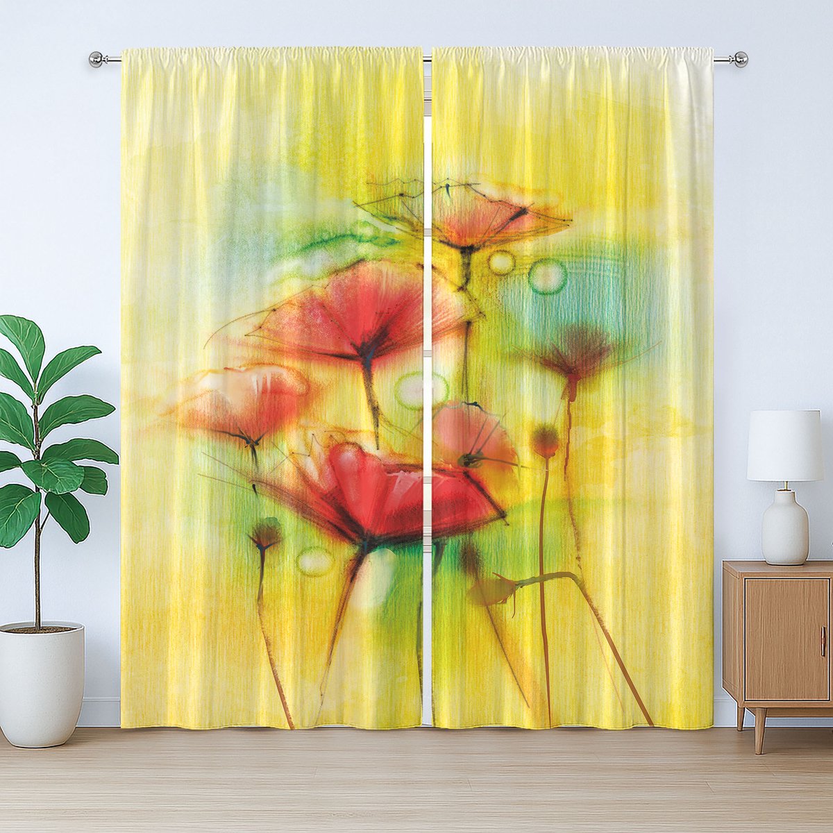 ABAKUHAUS Rustiek bloemengordijn, klaproosbloesem, met lussen en haken voor de woonkamer, 280 x 225 cm, geelrood