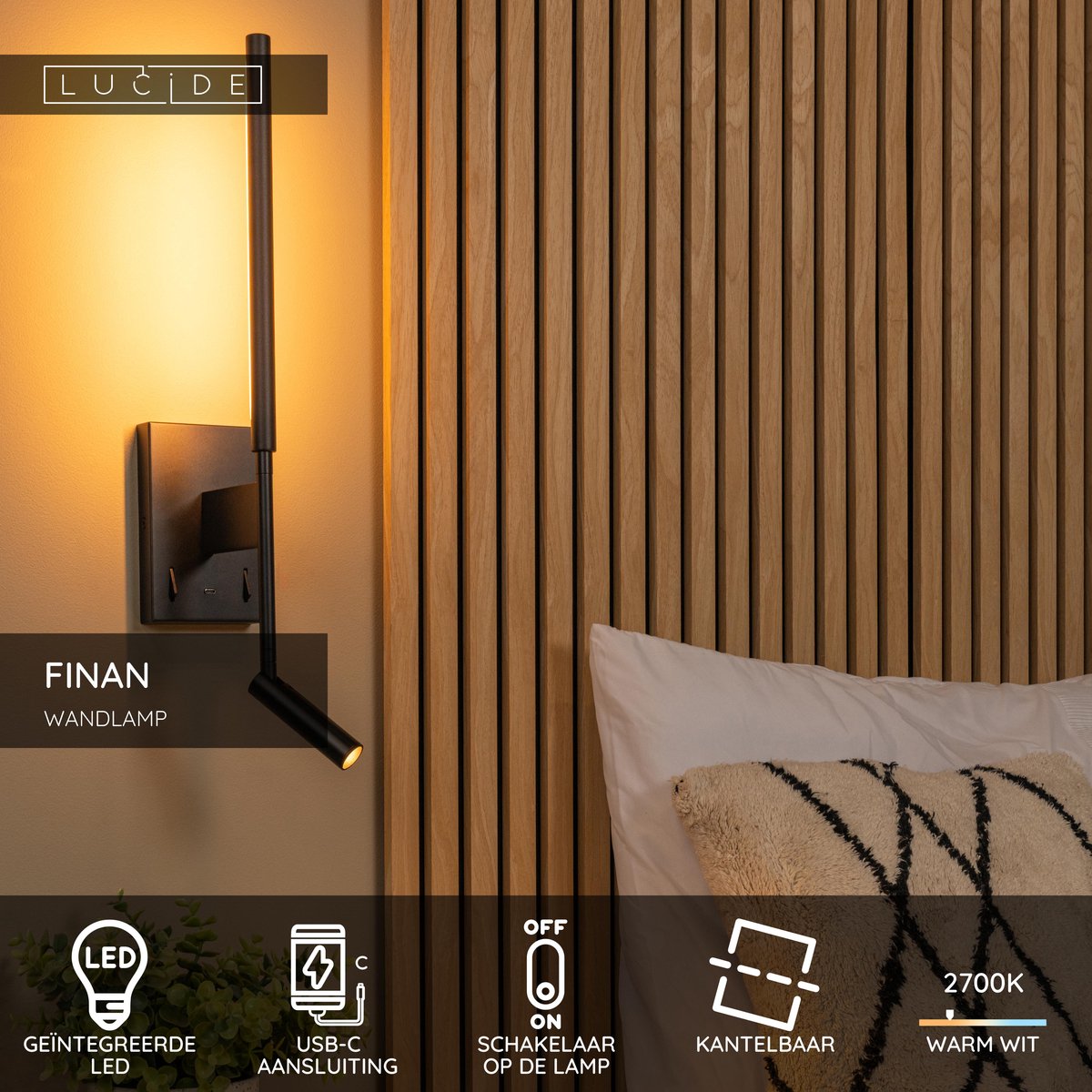 Lucide FINAN - Wandlamp - LED - 2700K - Met USB oplaadpunt - Zwart