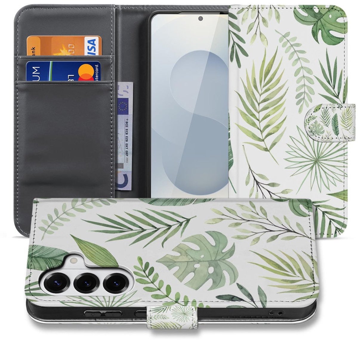 Book Case Samsung Galaxy S26 Plus Bladeren Lichtgroen Wit