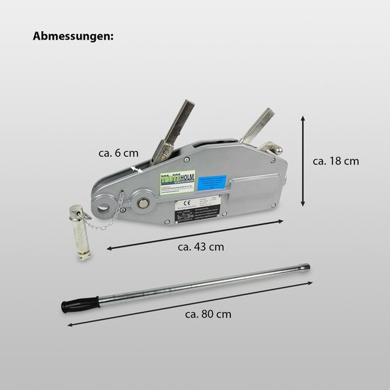 Afmetingen van de zilverkleurige kabeltakel: ca. 43 cm lang, 18 cm hoog, 6 cm breed. Bedieningsstang ca. 80 cm.