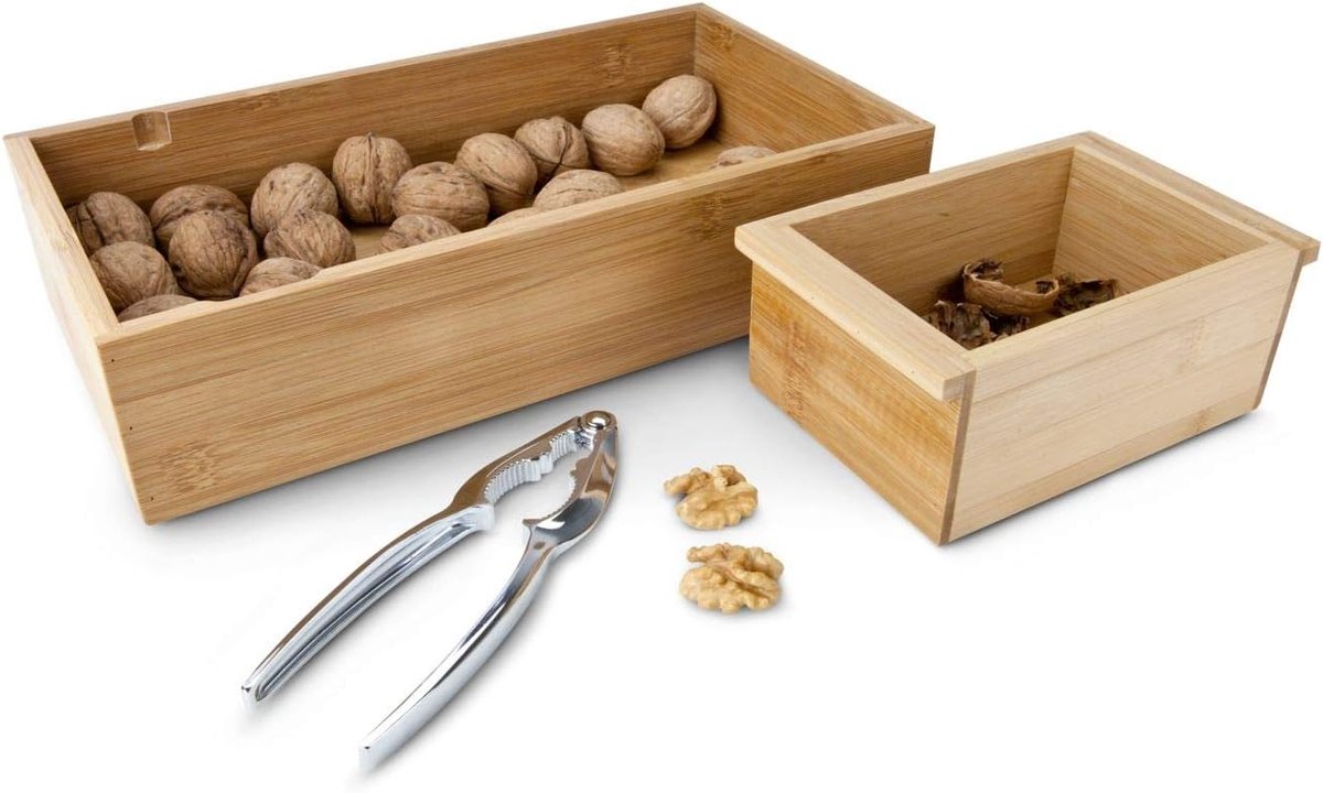 Notenkraker Set met Bamboe Kappen en Moderne Houten Schalen
